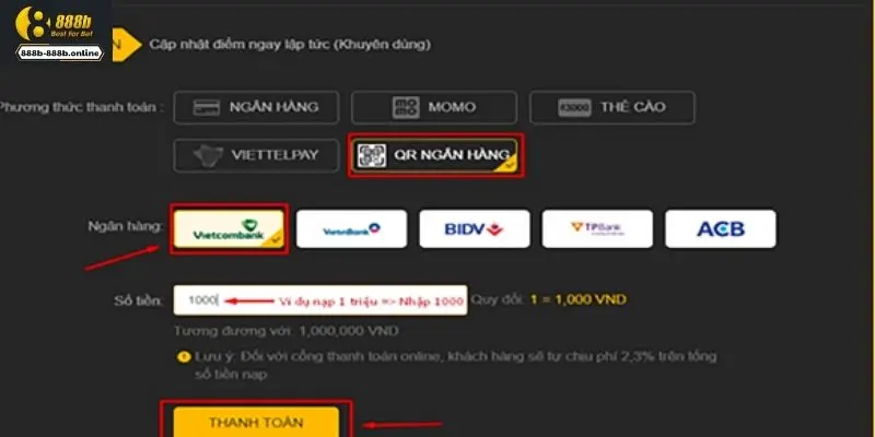 Hướng dẫn từng phương thức nạp tiền 888B cho tân thủ